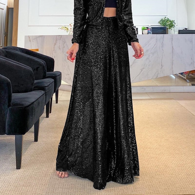 Sparkling Sequin Wide-Leg Trousers - Image 3