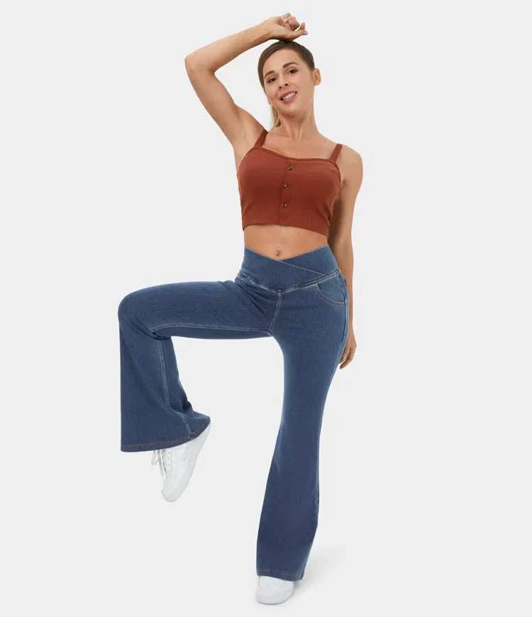 Stretchy Knit Denim Casual Super Flare Pants - Image 3