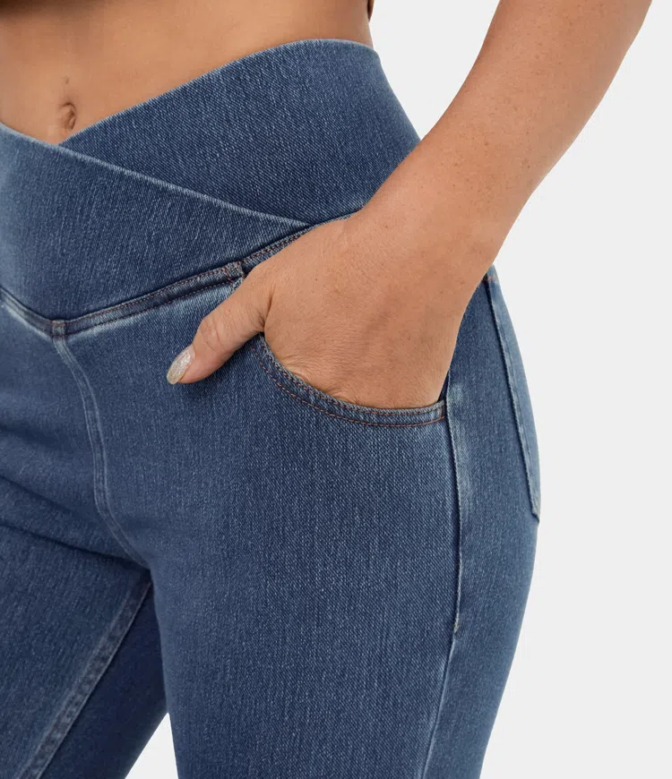 Stretchy Knit Denim Casual Super Flare Pants - Image 4