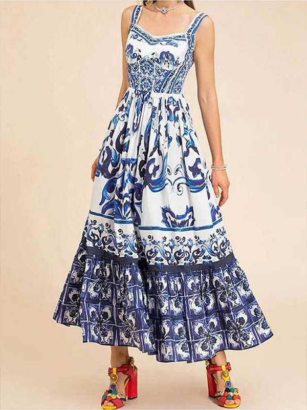 Stunning Floral Print Suspender Patchwork Maxi Dress - Image 12