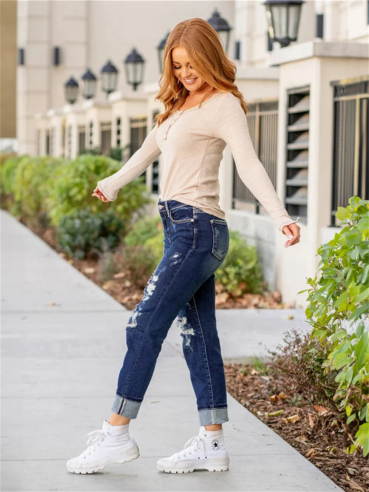 Tummy Control Distressed Cuffed Boyfriend Jeans (Buy 2 Free Shipping) - Image 10