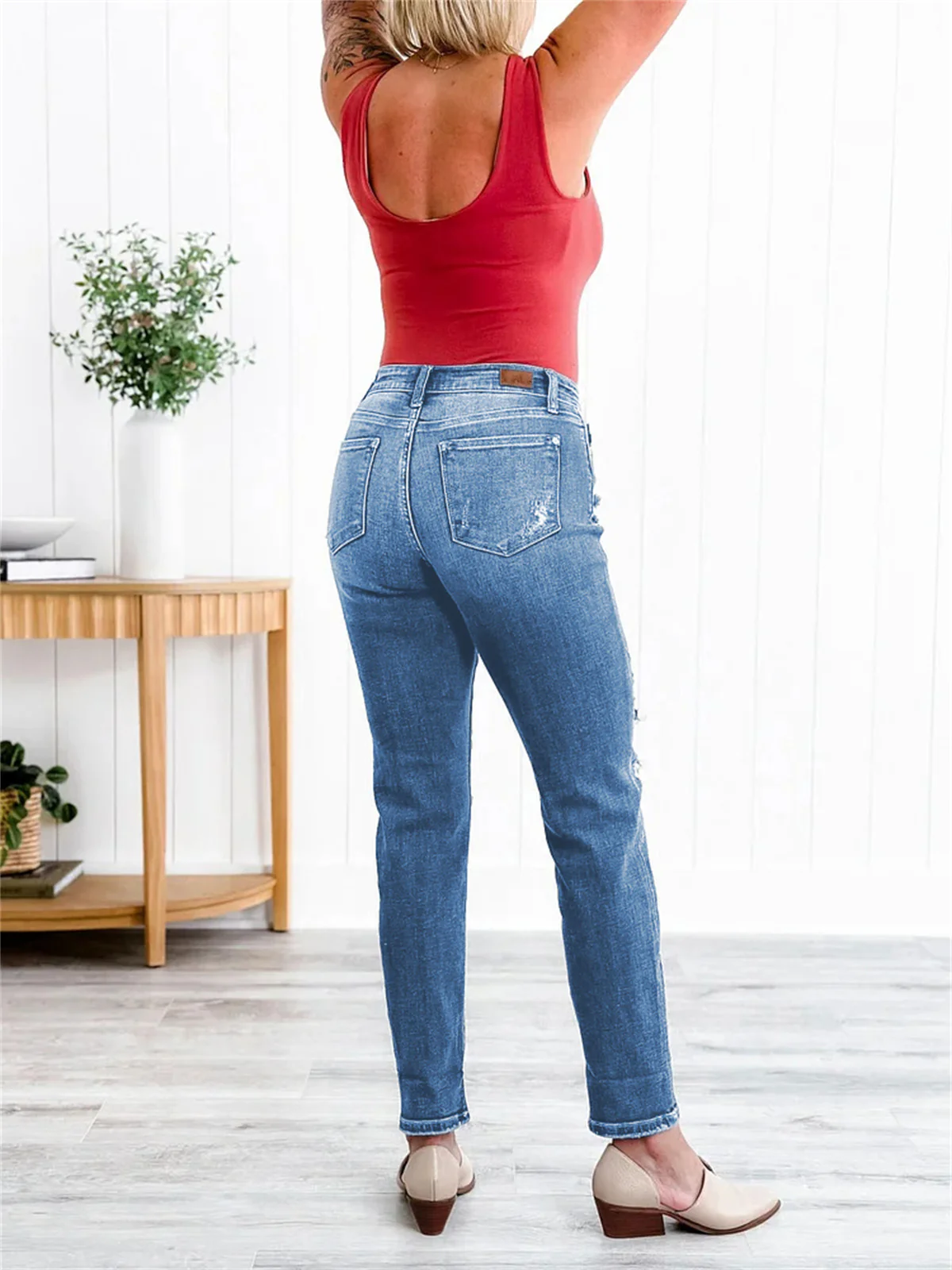 Tummy Control Distressed Cuffed Boyfriend Jeans (Buy 2 Free Shipping) - Image 5