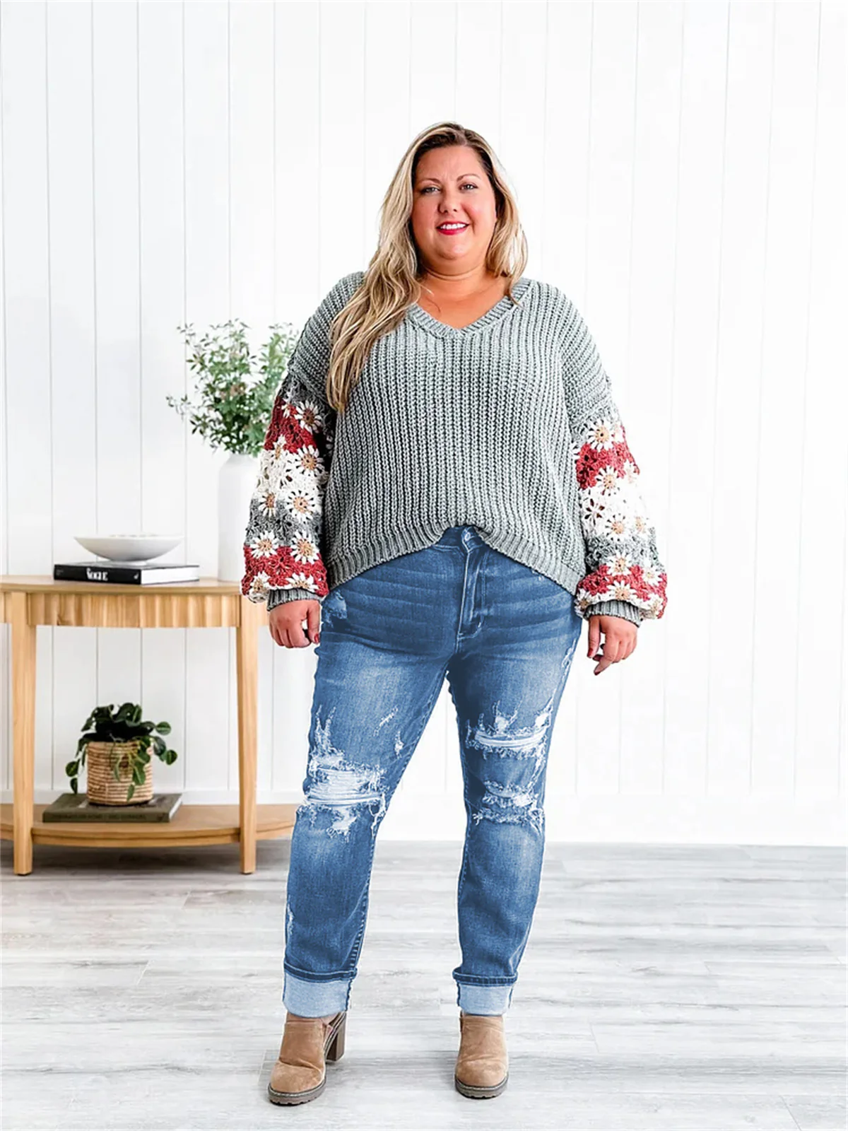 Tummy Control Distressed Cuffed Boyfriend Jeans (Buy 2 Free Shipping) - Image 6