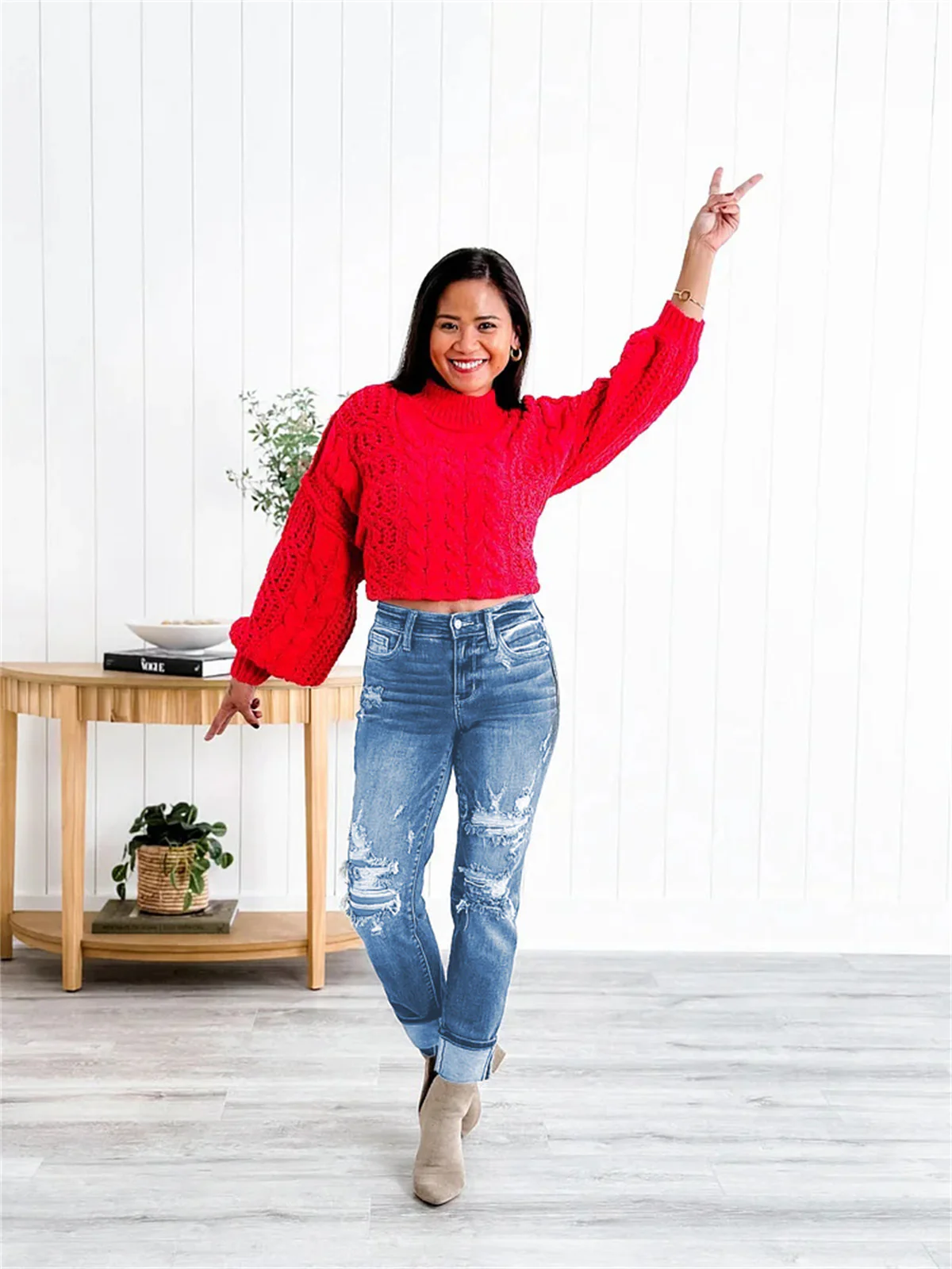 Tummy Control Distressed Cuffed Boyfriend Jeans (Buy 2 Free Shipping) - Image 7