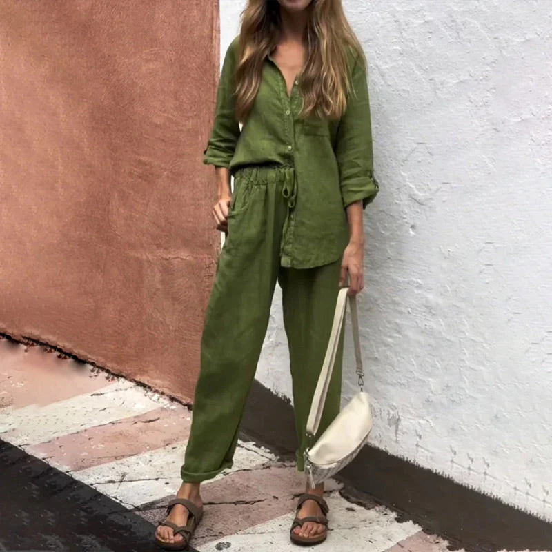 Casual Solid Color V-Neck Shirt & Pants Cotton Linen Two-Piece Set - Buy two and get free shipping! - Image 2