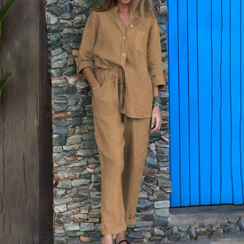 Casual Solid Color V-Neck Shirt & Pants Cotton Linen Two-Piece Set - Buy two and get free shipping! - Image 3