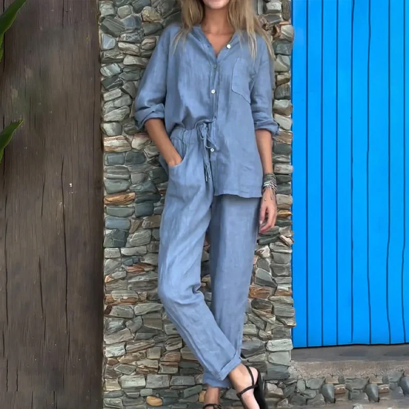 Casual Solid Color V-Neck Shirt & Pants Cotton Linen Two-Piece Set - Buy two and get free shipping! - Image 4