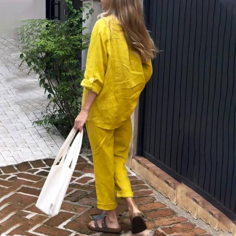 Casual Solid Color V-Neck Shirt & Pants Cotton Linen Two-Piece Set - Buy two and get free shipping! - Image 7