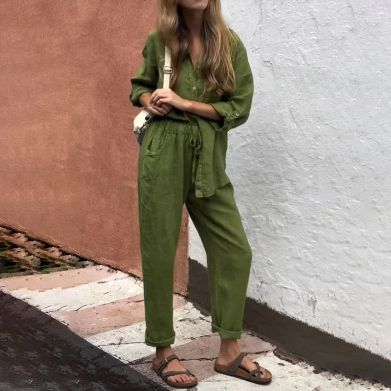 Casual Solid Color V-Neck Shirt & Pants Cotton Linen Two-Piece Set - Buy two and get free shipping! - Image 8