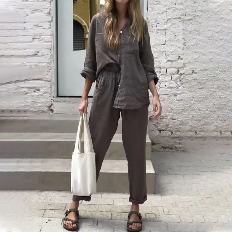 Casual Solid Color V-Neck Shirt & Pants Cotton Linen Two-Piece Set - Buy two and get free shipping! - Image 9