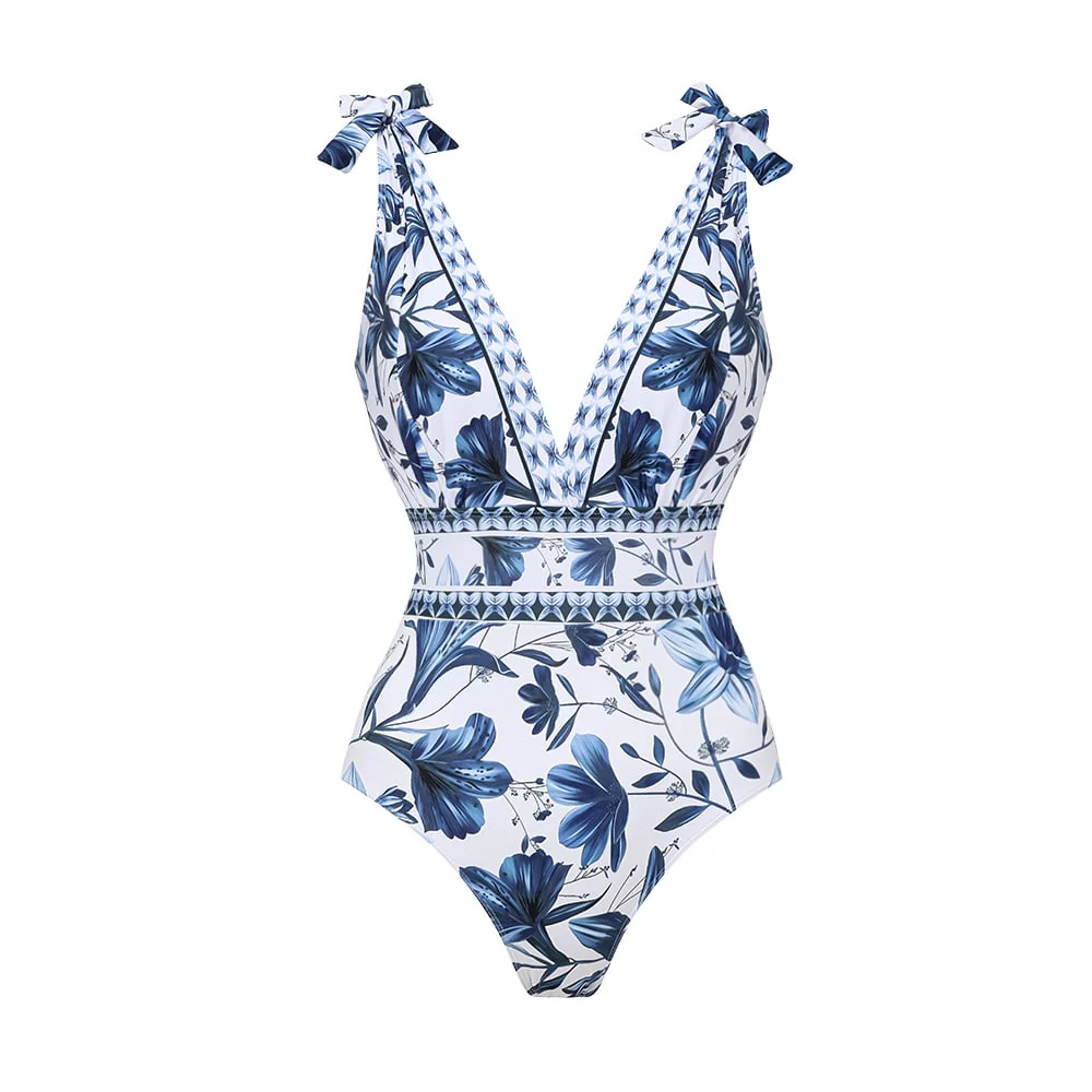 😍V Neck Ruffle Lace Up Printed One Piece Swimsuit and Skirt👗 - Image 15