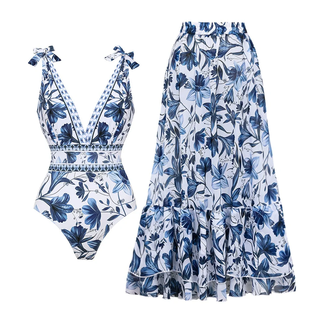 😍V Neck Ruffle Lace Up Printed One Piece Swimsuit and Skirt👗 - Image 16