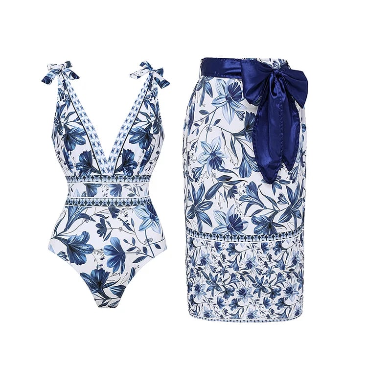 😍V Neck Ruffle Lace Up Printed One Piece Swimsuit and Skirt👗 - Image 17