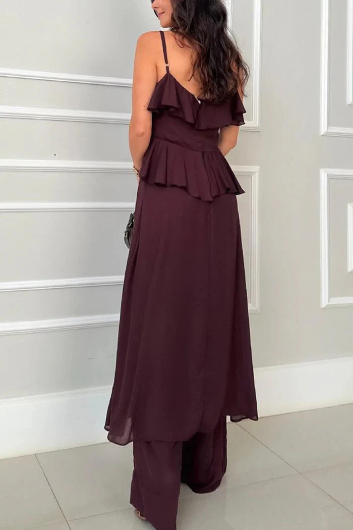 💝Perfect Gift For You✨Spaghetti Strap Ruffle Trim Dress & Pants 2-Piece Set - Image 12