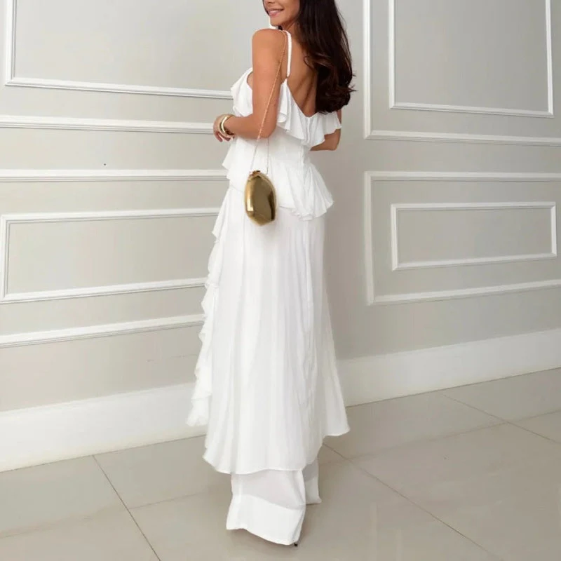 💝Perfect Gift For You✨Spaghetti Strap Ruffle Trim Dress & Pants 2-Piece Set - Image 7