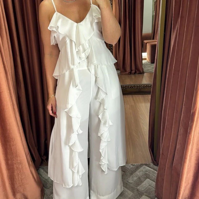 💝Perfect Gift For You✨Spaghetti Strap Ruffle Trim Dress & Pants 2-Piece Set - Image 9