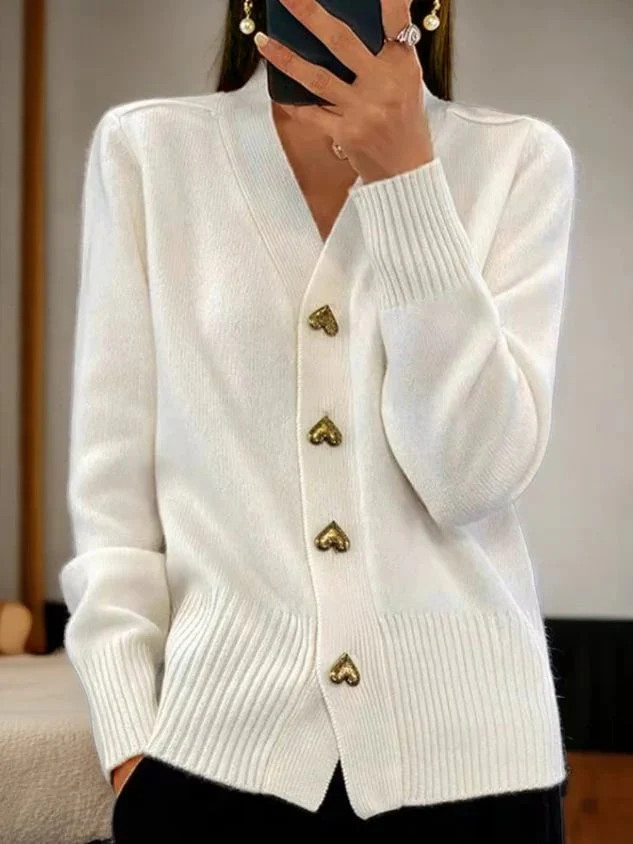 Women's Casual Winter Plain Yarn Wool Yarn Buttoned Cardigan - Image 2