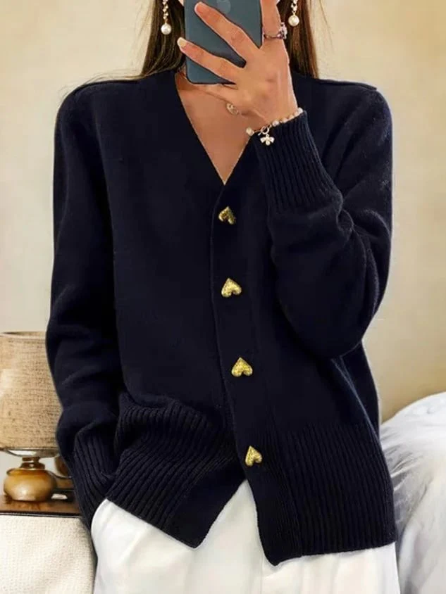 Women's Casual Winter Plain Yarn Wool Yarn Buttoned Cardigan - Image 3