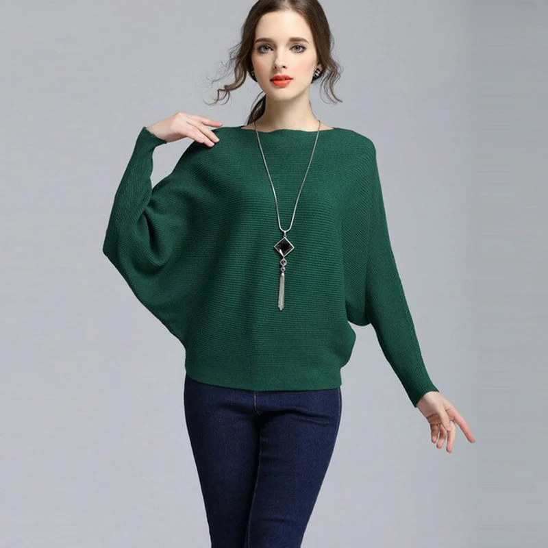 Women's Boat Neck Bat Sleeve Knitted Sweater