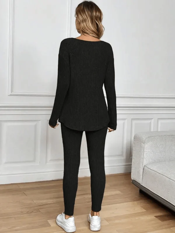 Women's Casual Plush Rib-Knit Long Sleeve T-Shirt And Leggings Set - Image 10
