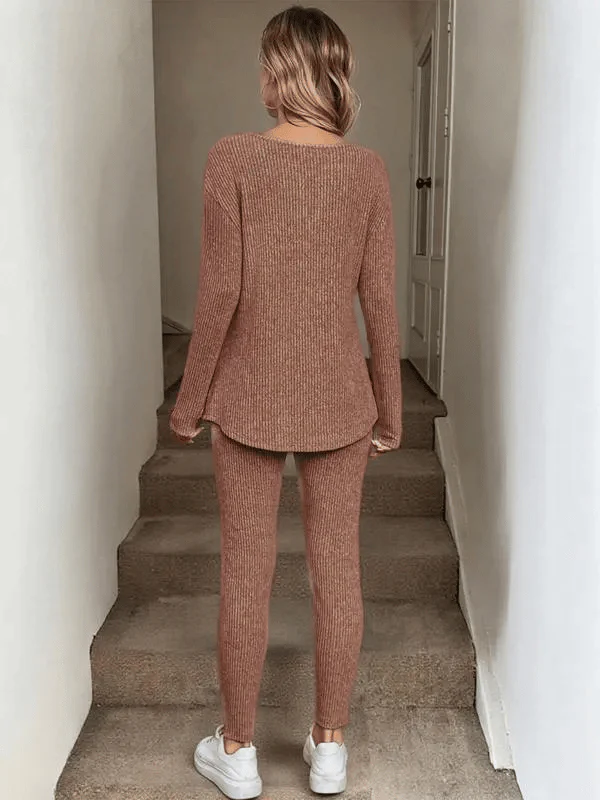 Women's Casual Plush Rib-Knit Long Sleeve T-Shirt And Leggings Set - Image 12