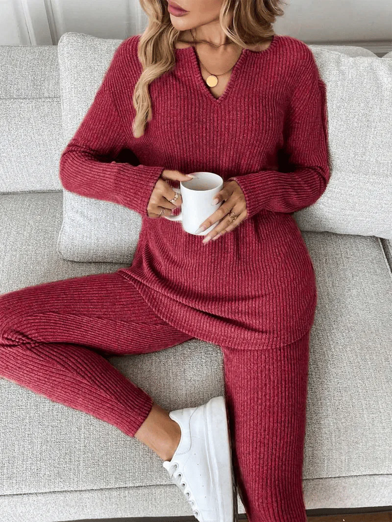 Women's Casual Plush Rib-Knit Long Sleeve T-Shirt And Leggings Set - Image 13