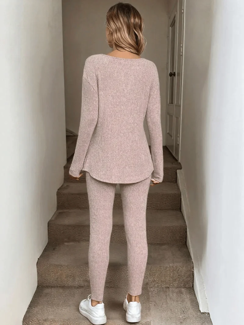 Women's Casual Plush Rib-Knit Long Sleeve T-Shirt And Leggings Set - Image 6
