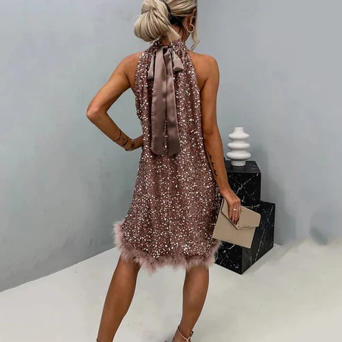 Women's Elegant Sequin Halter Dress with Feather Hem - Image 4