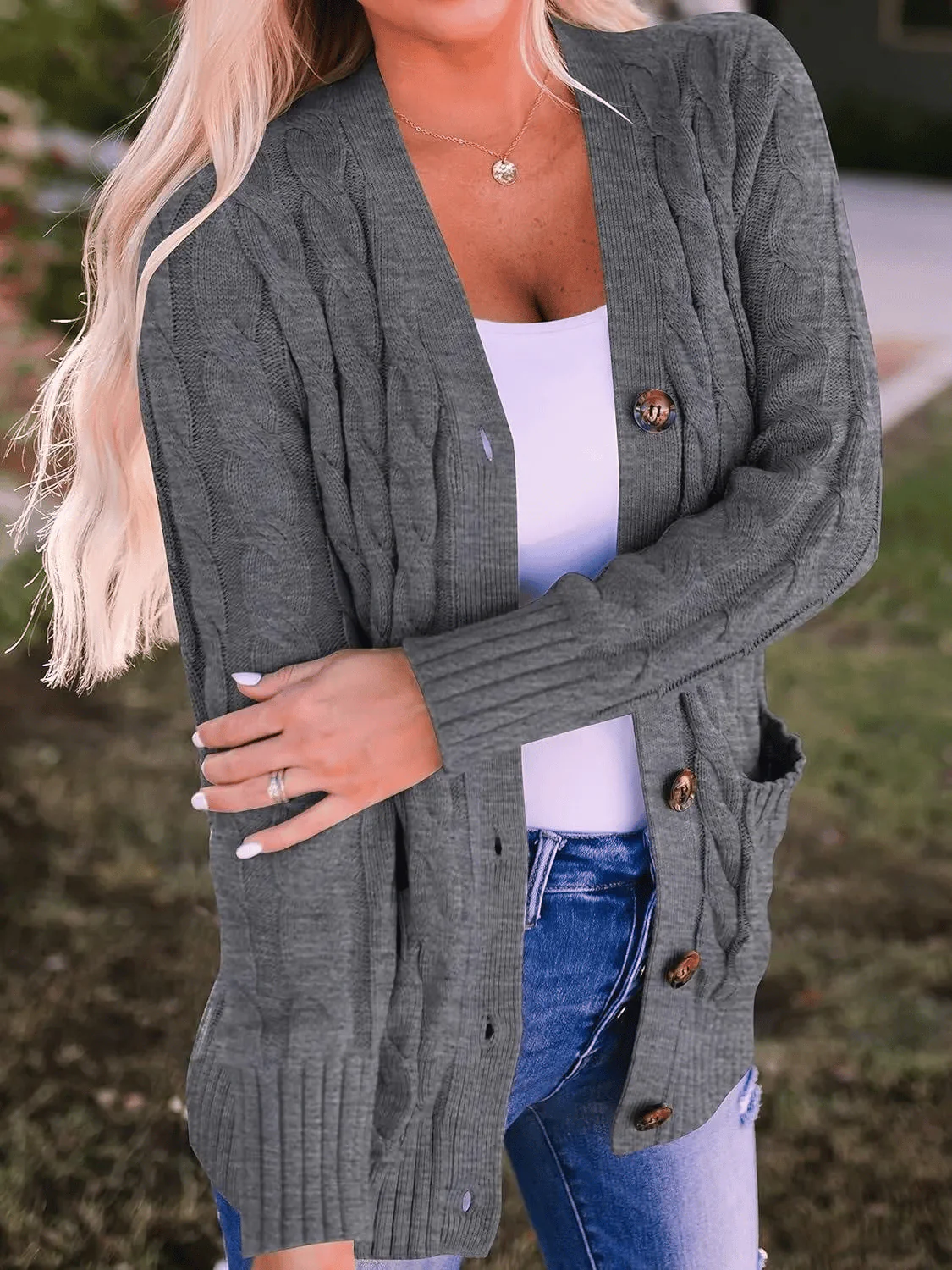 Women's Fall Casual Long Sleeve Button Down Open Front Cable Knit Cardigan - Buy two and get free shipping! - Image 2