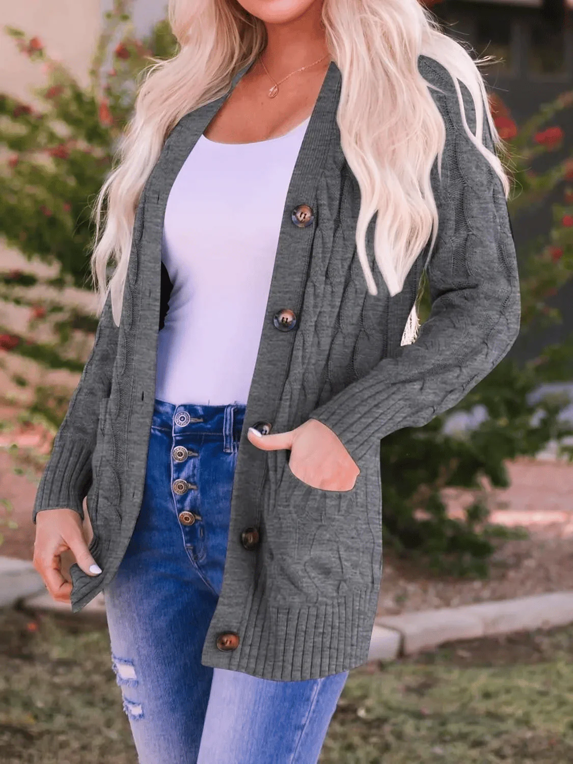 Women's Fall Casual Long Sleeve Button Down Open Front Cable Knit Cardigan - Buy two and get free shipping! - Image 3