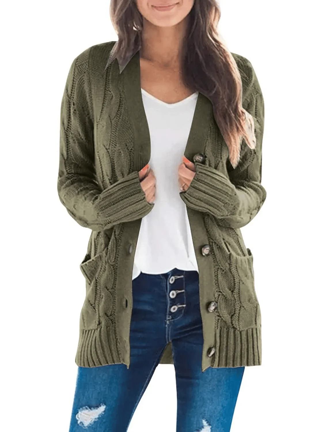 Women's Fall Casual Long Sleeve Button Down Open Front Cable Knit Cardigan - Buy two and get free shipping! - Image 9