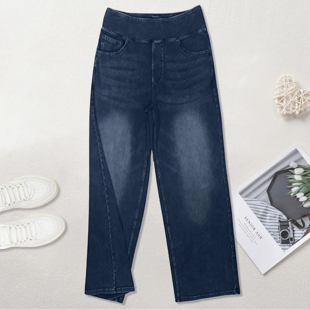🏆Women's High-Waisted Washed Baggy Wide-Leg Stretchy Knit Jeans with Multiple Pockets – Comfortable Casual Denim - Image 4
