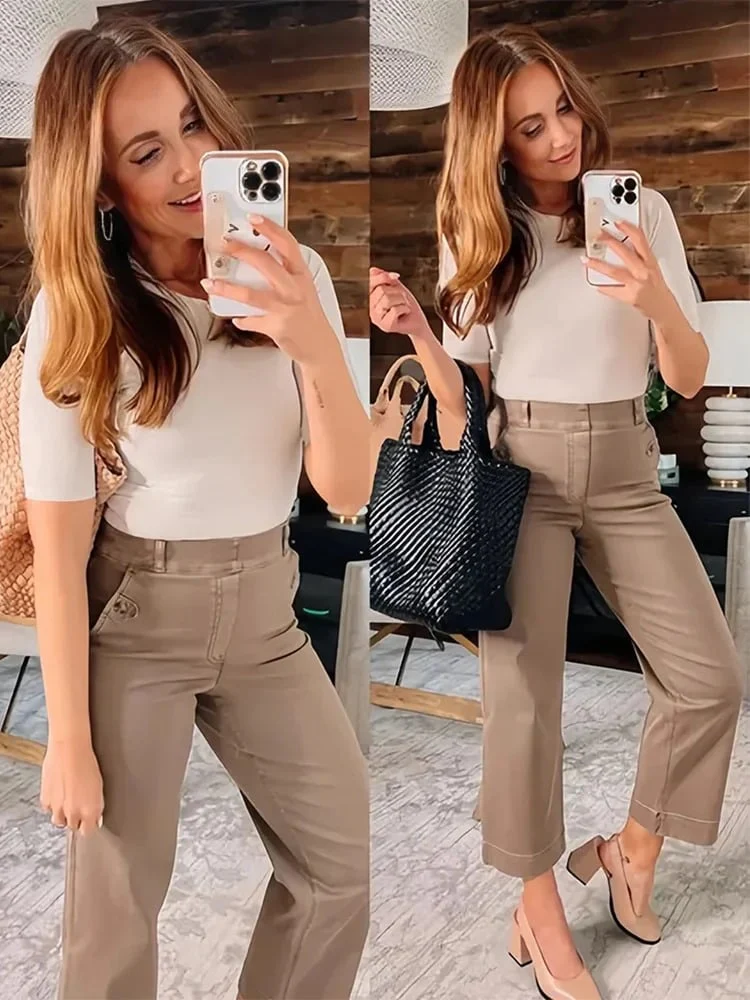 Women Stretch Tummy Control Twill Cropped Wide Leg Pant (BUY 2 FREE SHIPPING) - Image 31