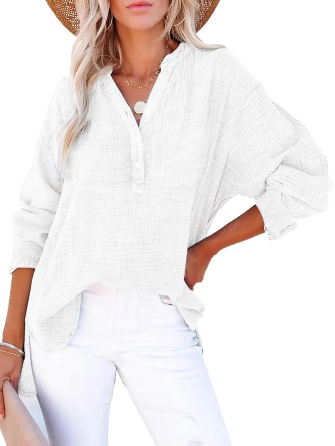 Womens Casual Button V Neck Long Sleeve Shirts Oversized Solid Blouses Tops - Image 2
