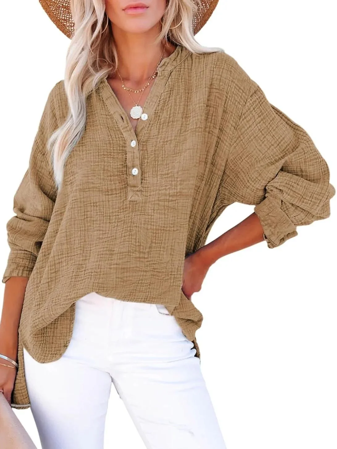 Womens Casual Button V Neck Long Sleeve Shirts Oversized Solid Blouses Tops - Image 3
