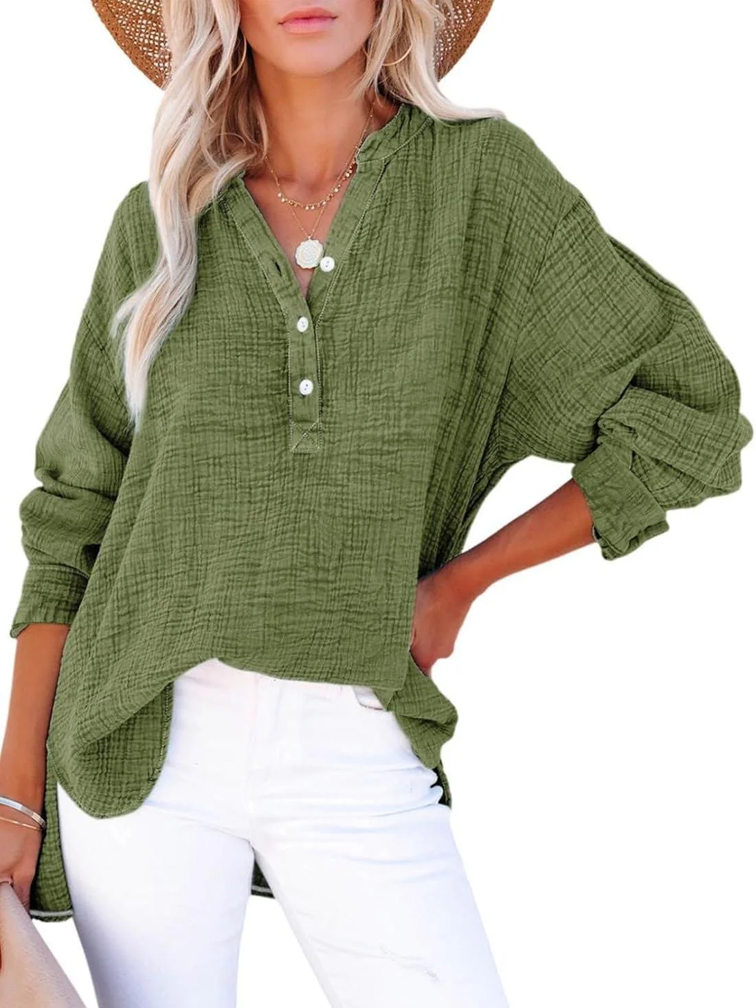 Womens Casual Button V Neck Long Sleeve Shirts Oversized Solid Blouses Tops - Image 4