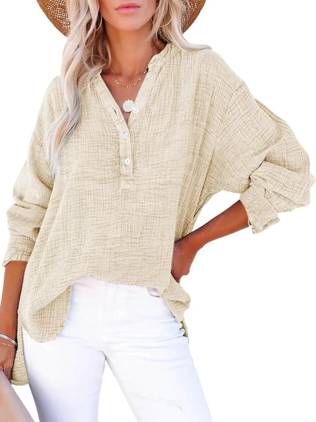 Womens Casual Button V Neck Long Sleeve Shirts Oversized Solid Blouses Tops - Image 5