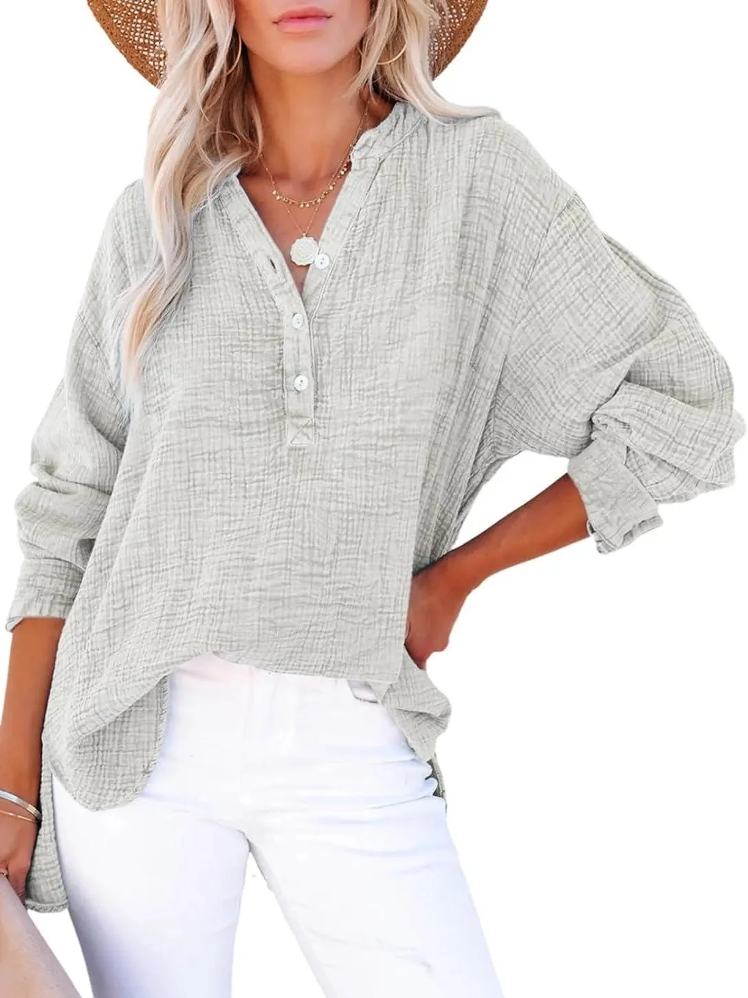 Womens Casual Button V Neck Long Sleeve Shirts Oversized Solid Blouses Tops - Image 6