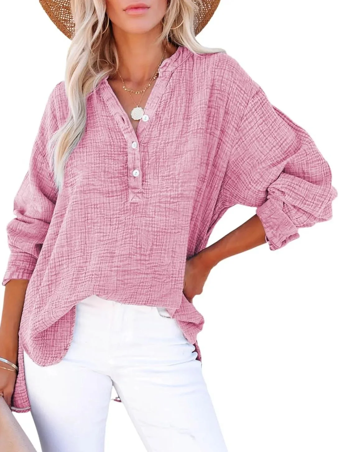 Womens Casual Button V Neck Long Sleeve Shirts Oversized Solid Blouses Tops - Image 7