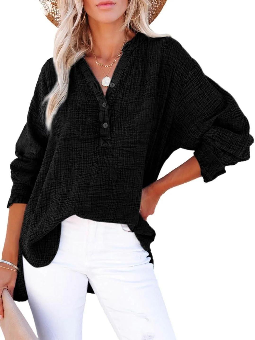 Womens Casual Button V Neck Long Sleeve Shirts Oversized Solid Blouses Tops - Image 8