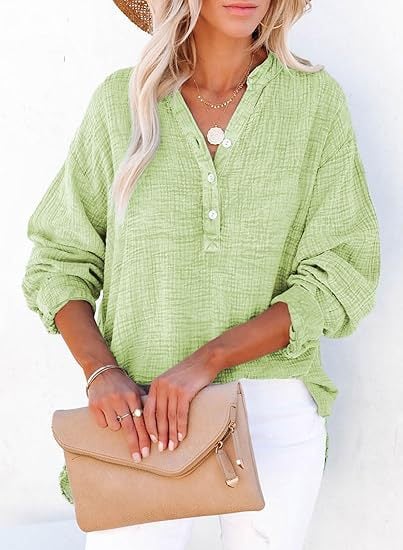 Womens Casual Button V Neck Long Sleeve Shirts Oversized Solid Blouses Tops - Image 9