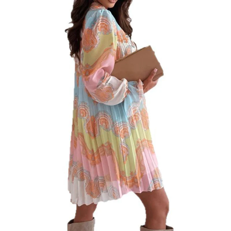 Women's Fashion Printed Stand Collar Waisted Long Sleeve Dresses - Image 6
