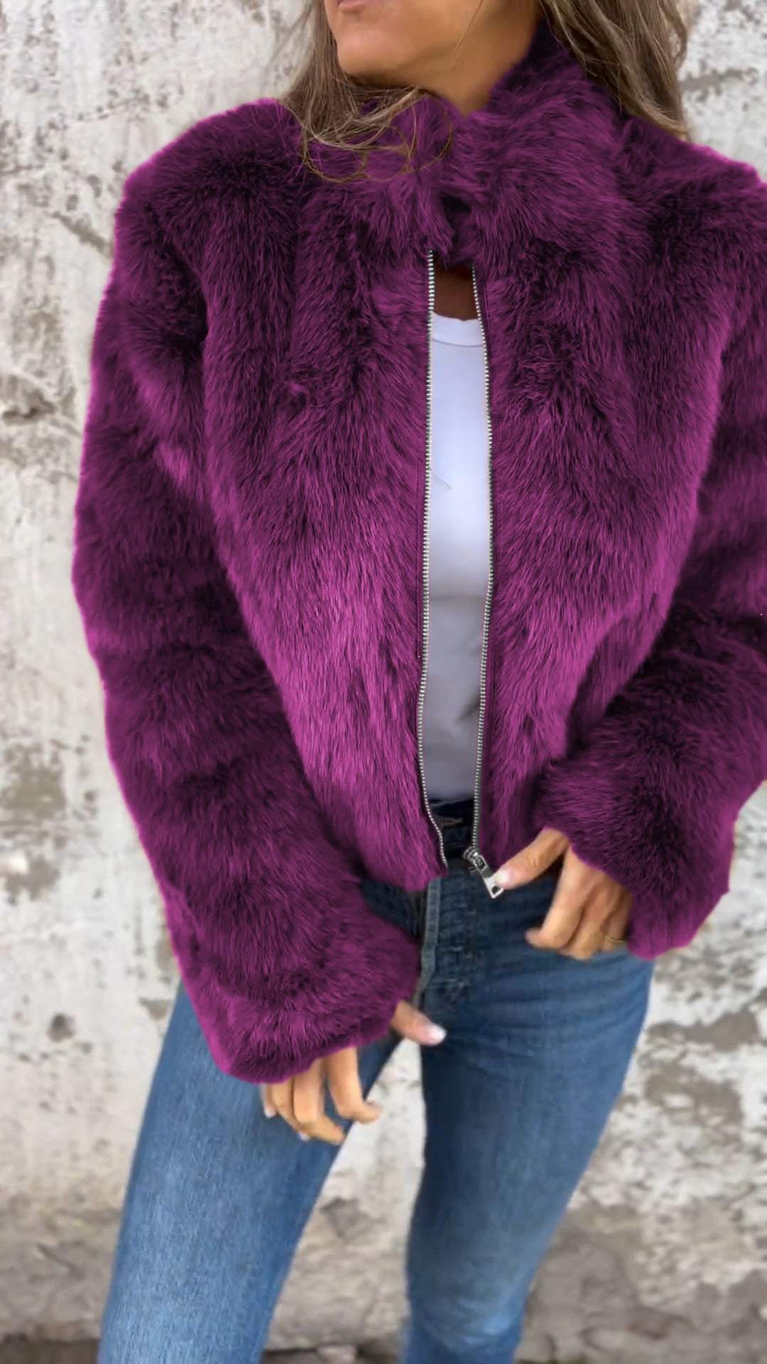 Women's High Collar Fur Zipper Casual Jacket - Image 10