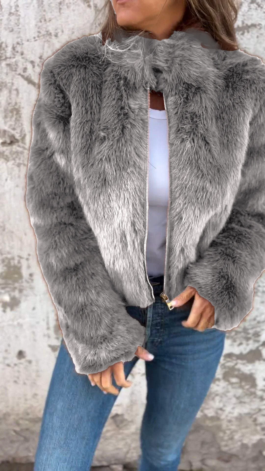 Women's High Collar Fur Zipper Casual Jacket - Image 11