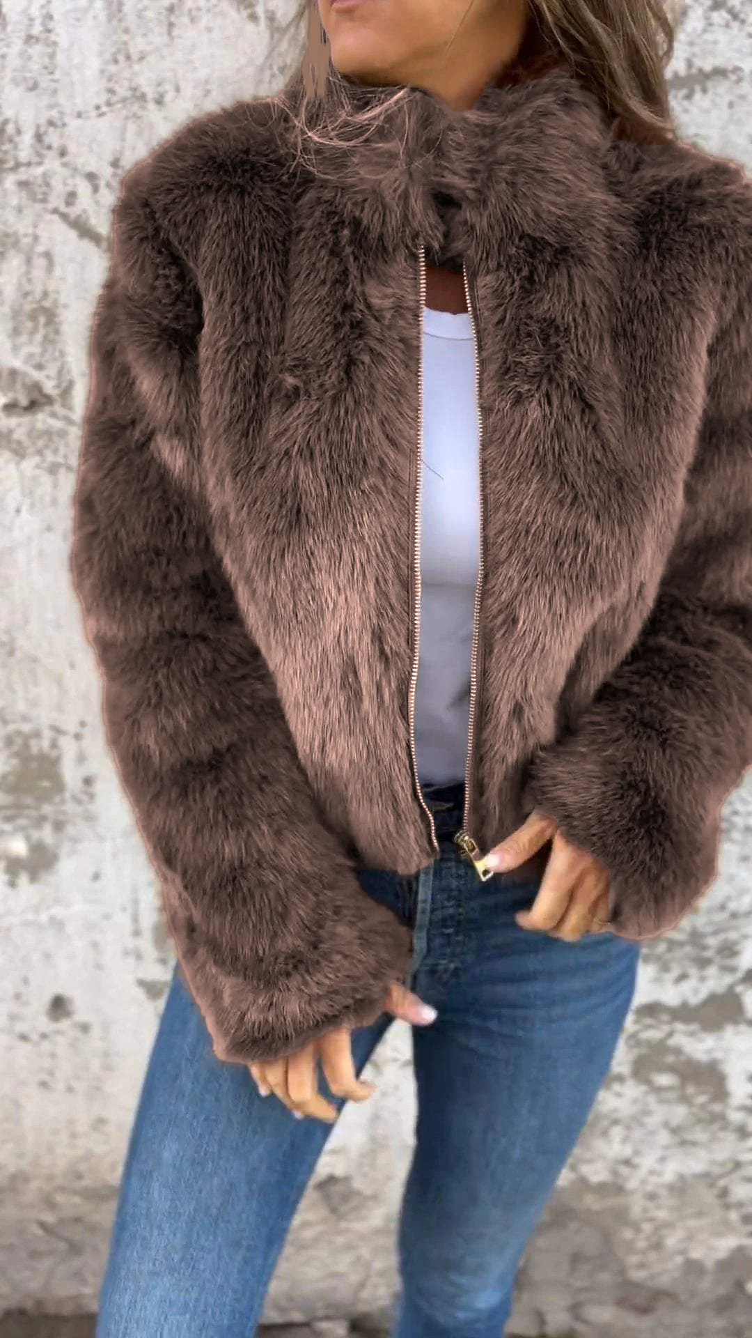 Women's High Collar Fur Zipper Casual Jacket - Image 12