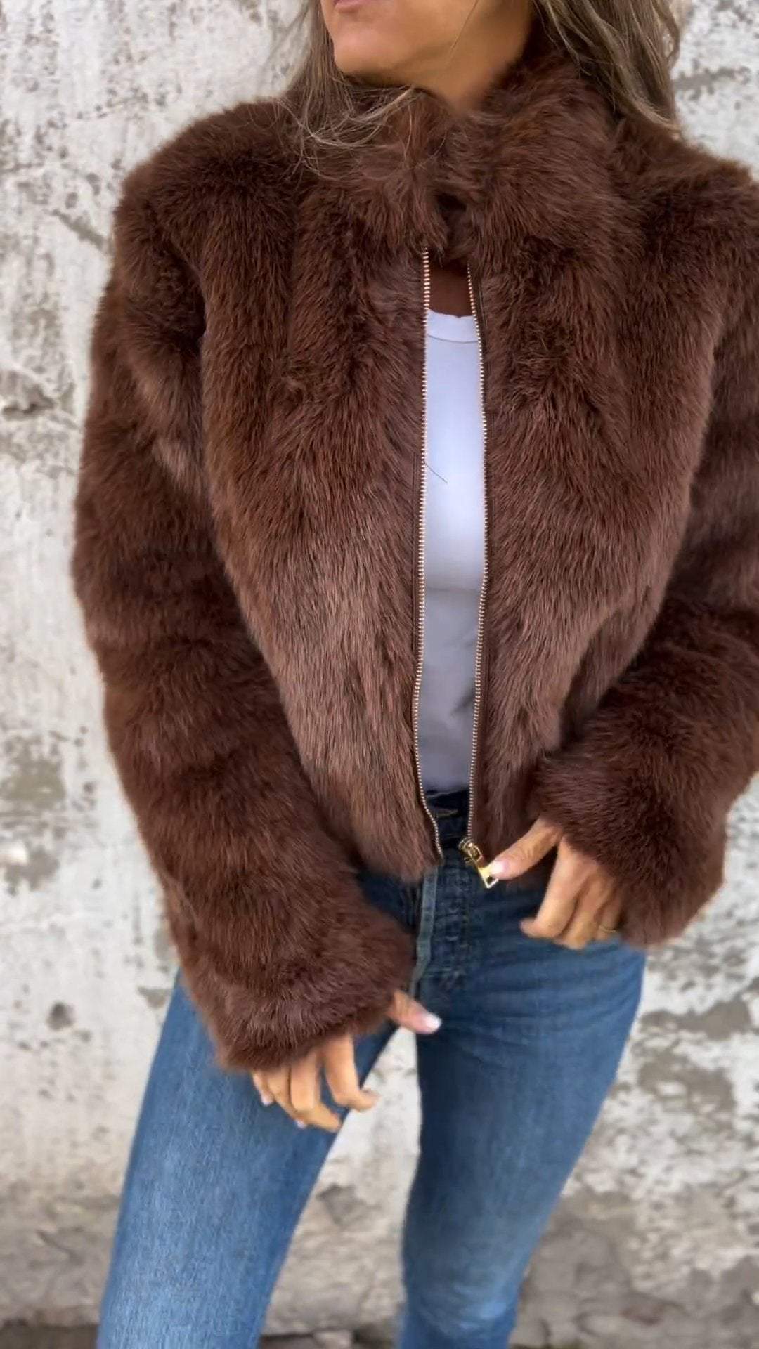 Women's High Collar Fur Zipper Casual Jacket - Image 2