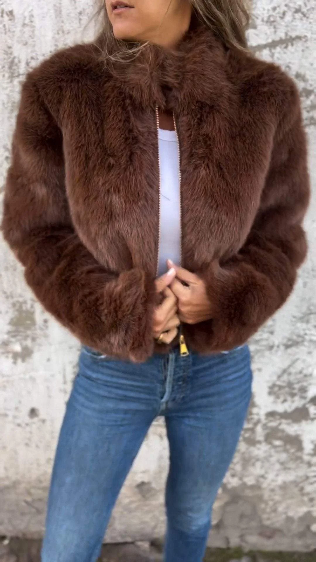 Women's High Collar Fur Zipper Casual Jacket - Image 3