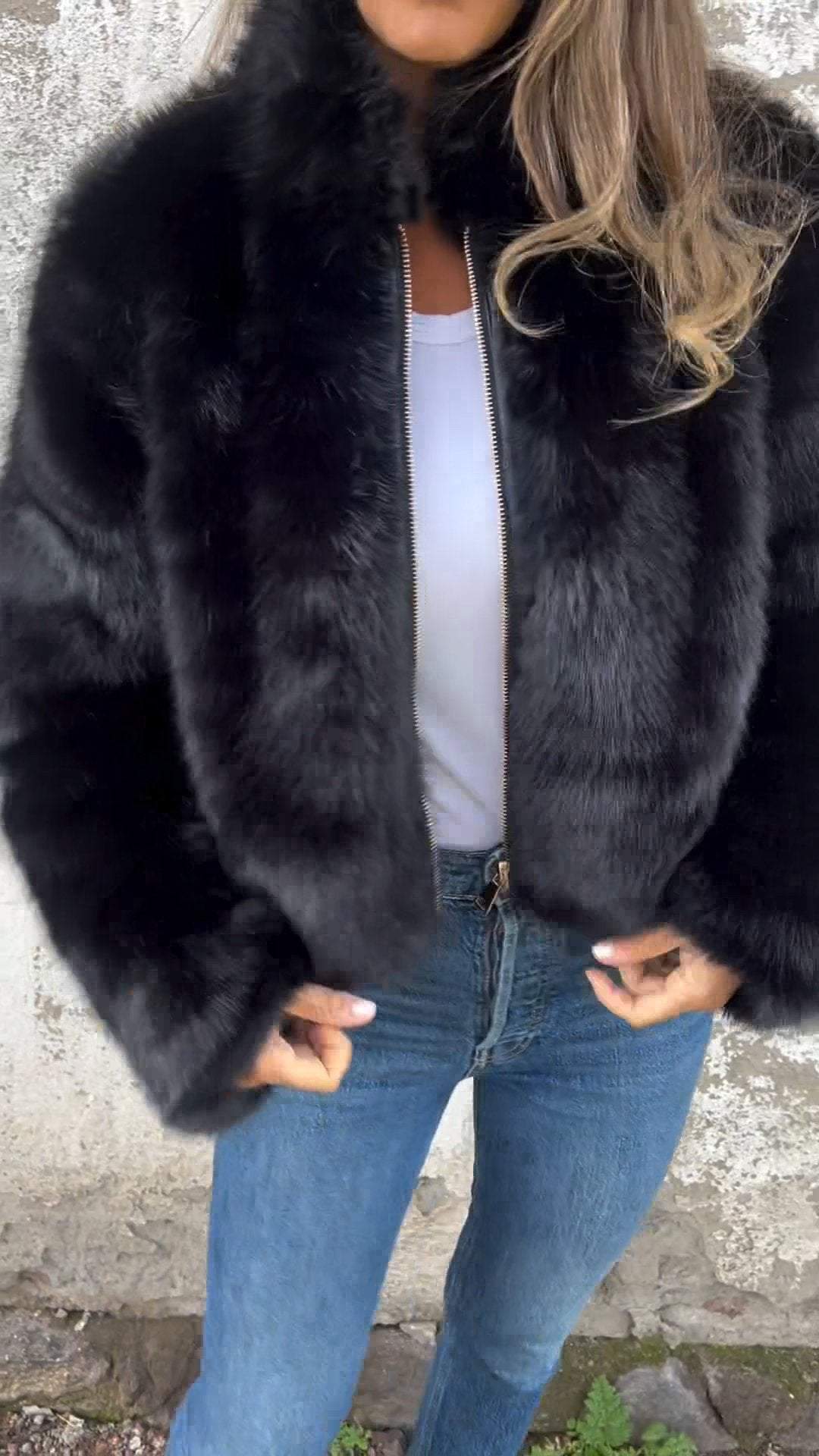 Women's High Collar Fur Zipper Casual Jacket - Image 6
