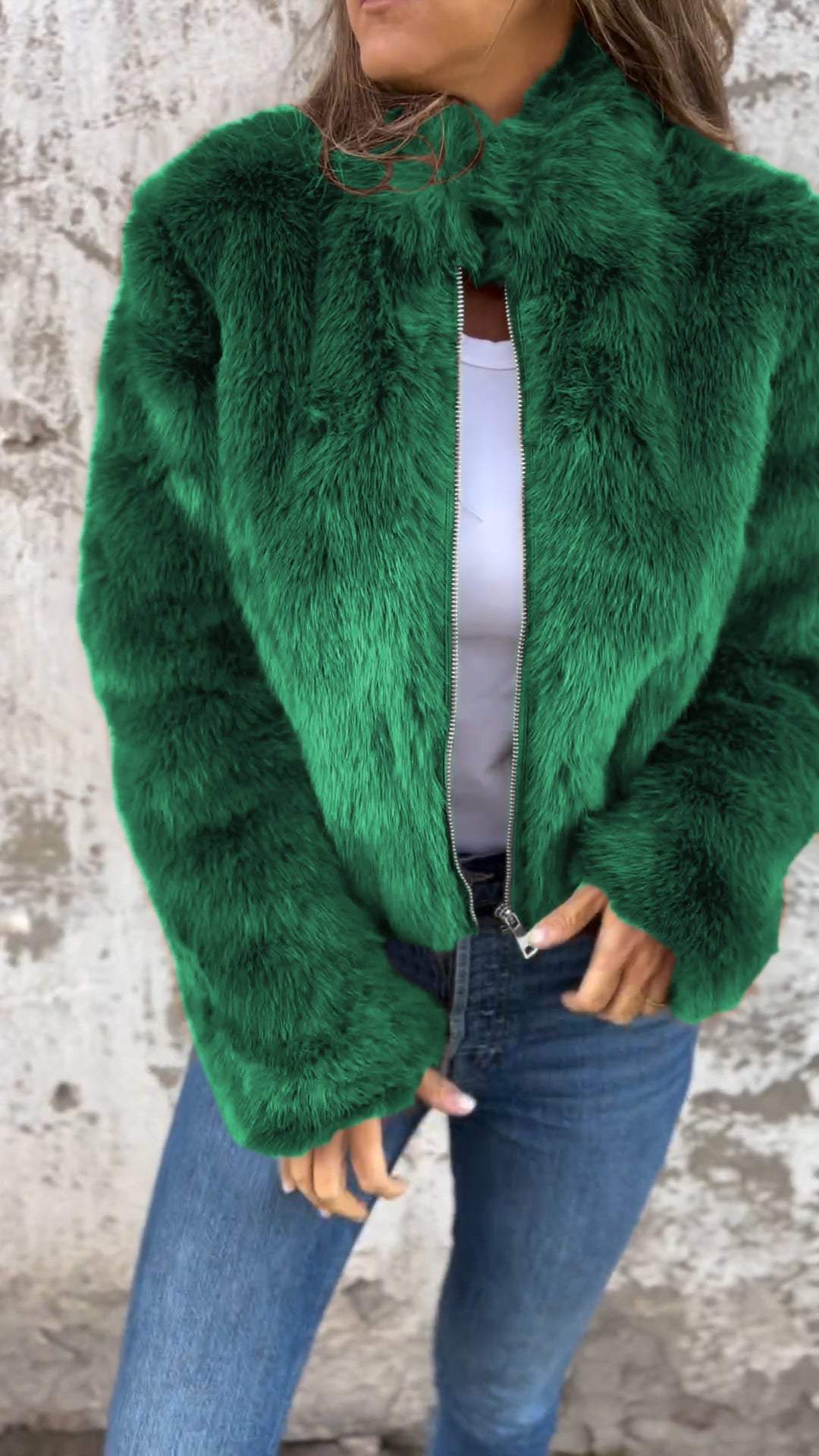 Women's High Collar Fur Zipper Casual Jacket - Image 7