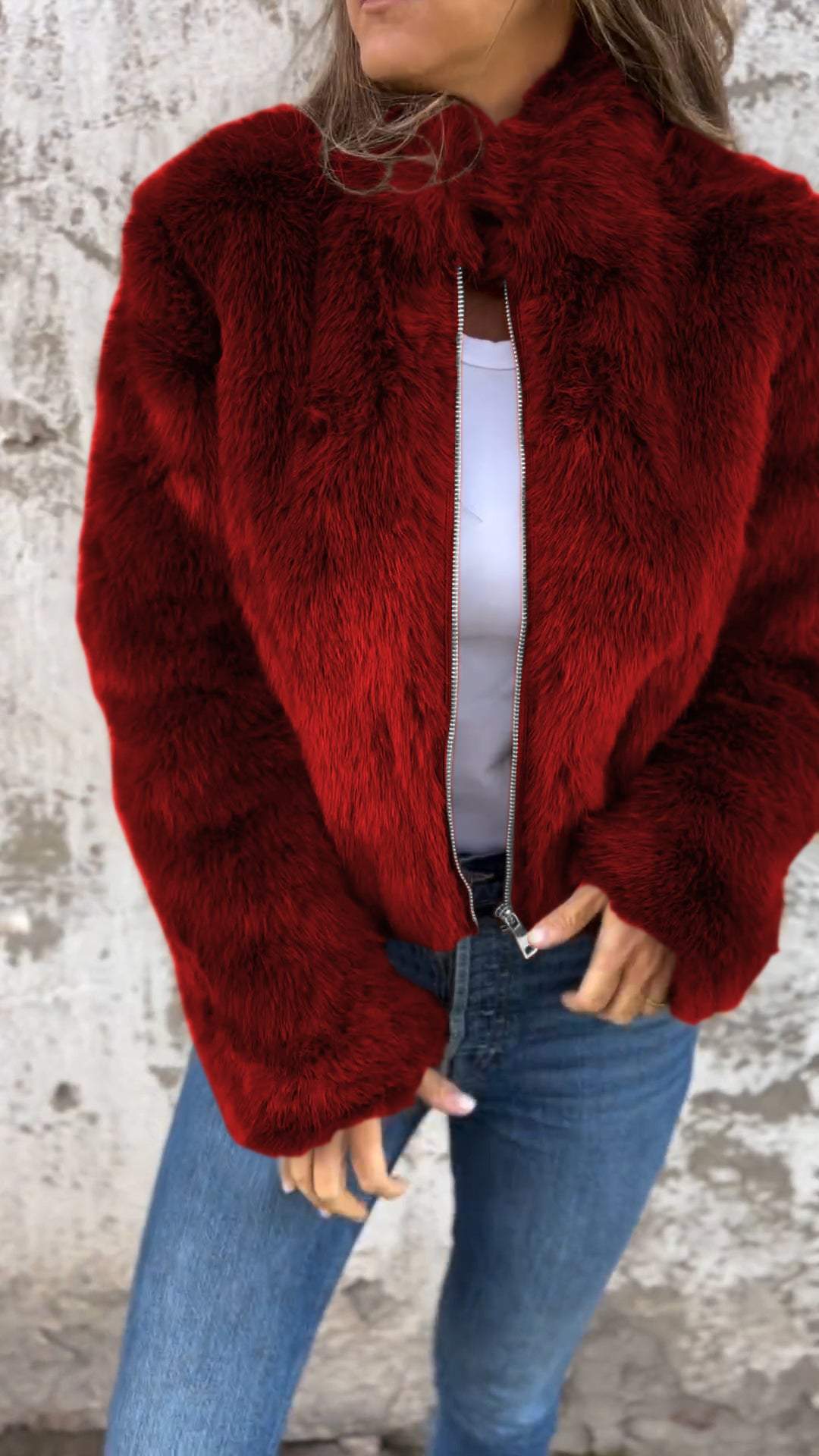 Women's High Collar Fur Zipper Casual Jacket - Image 8